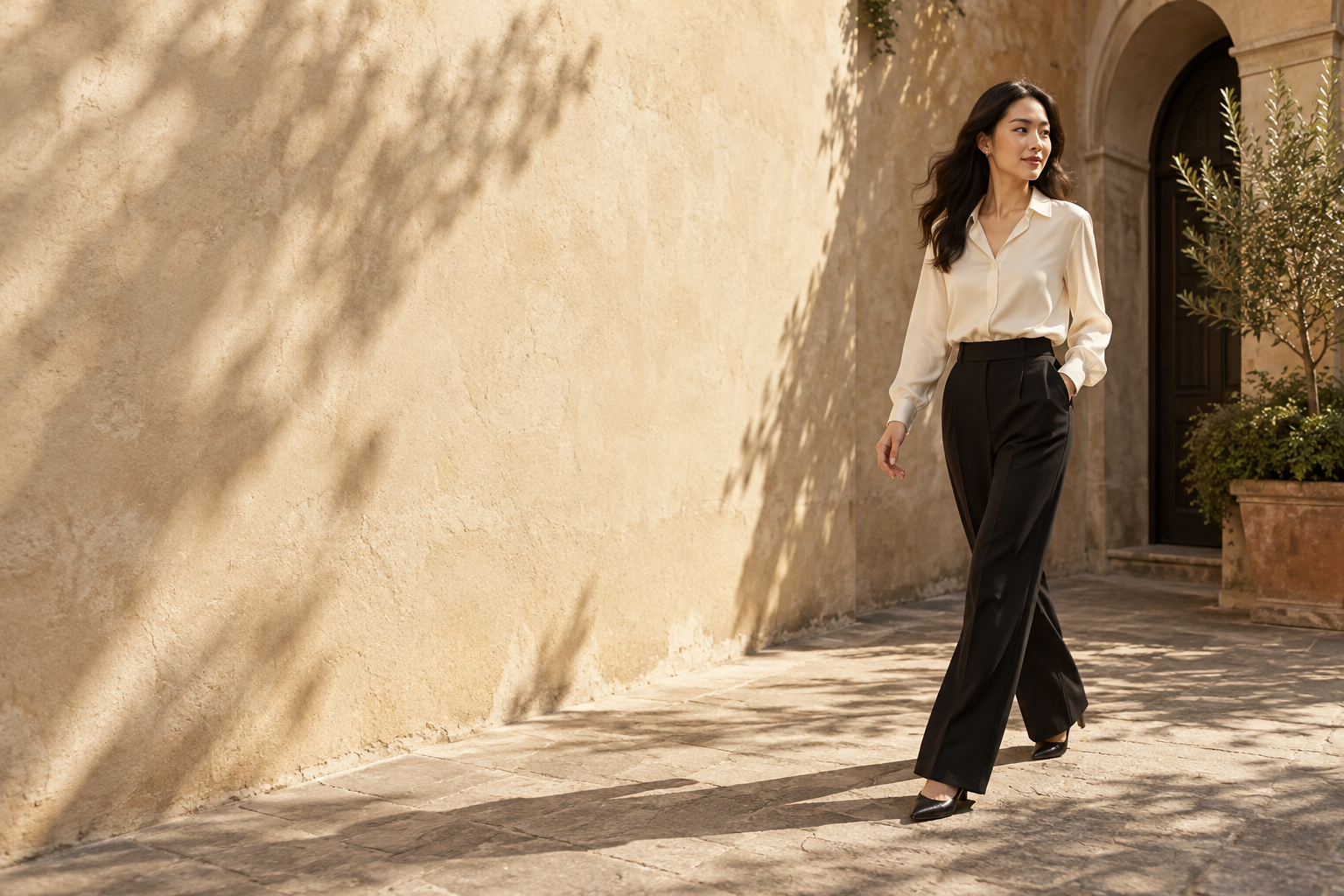 Ivory silk and black tailoring in a sunlit stone courtyard