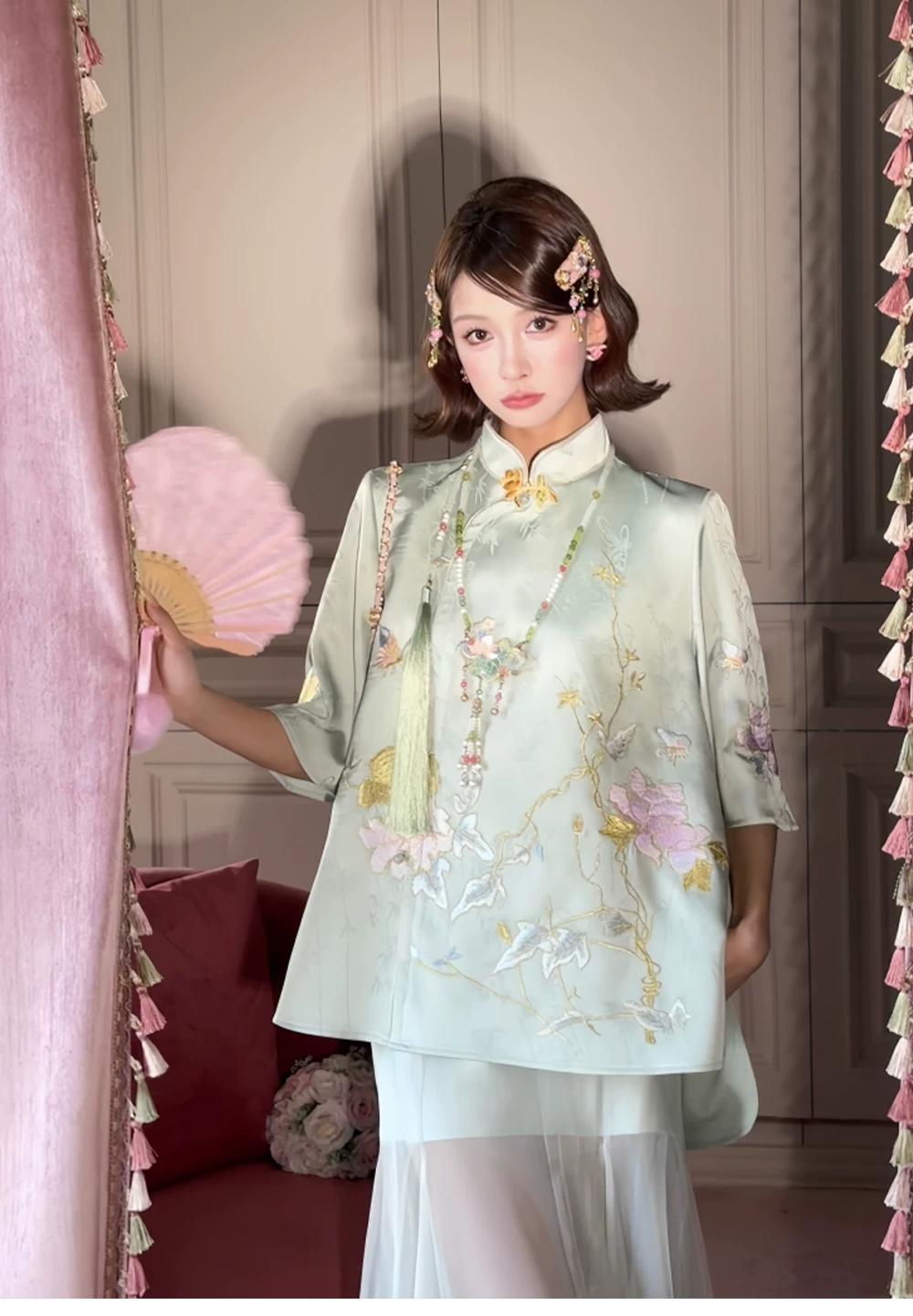 Tea-green embroidered blouse with a standing collar