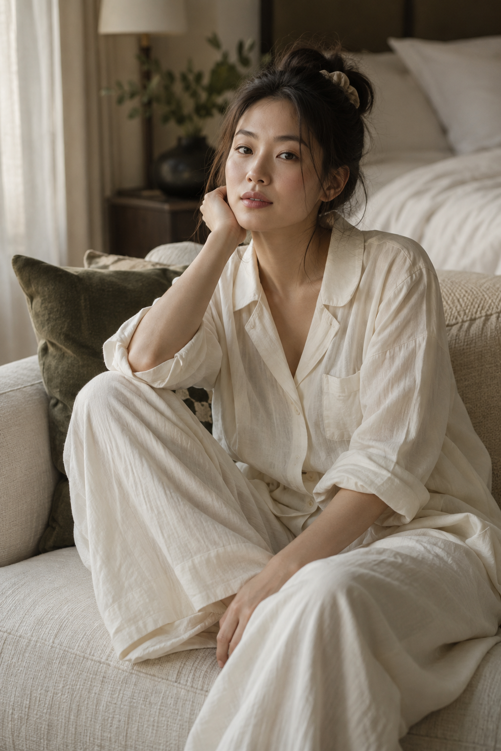 Cream lounge separates and soft textures at home